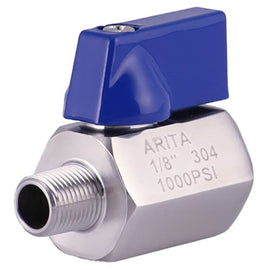 ARITA Mini Ball Valve, Stainless Steel 304 Reduced Port 1000PSI for Water, Oil & Gas, Male/Female NPT, Blue Handle